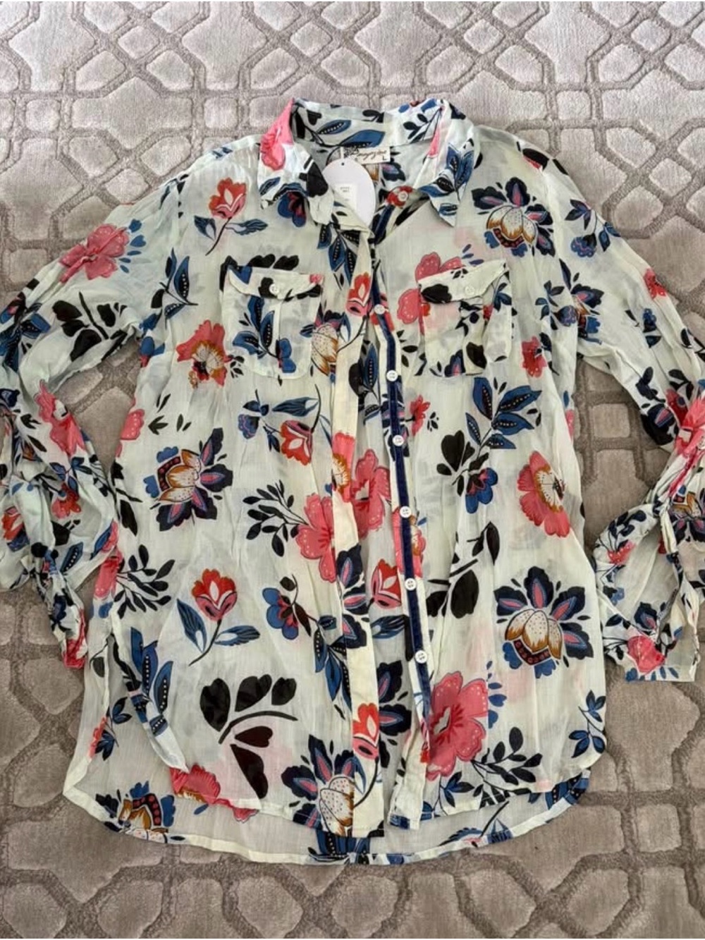 Women's Floral Button-Down Shirt - White with Pink & Blue Floral